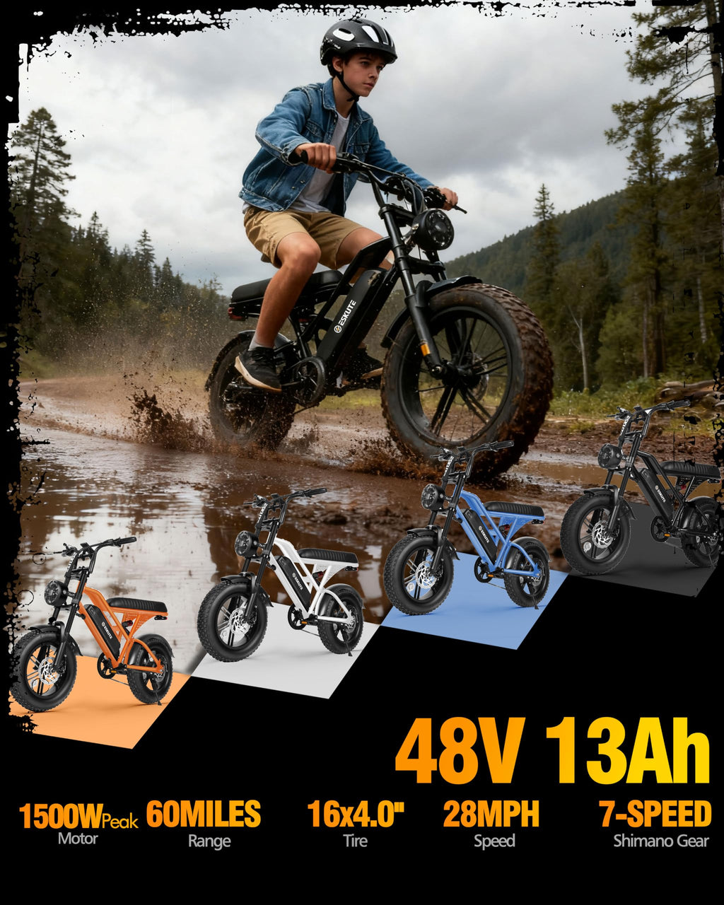 Electric Bike 1500W Peak Motor 48V 13Ah Battery 16"x4.0" Fat Tire Blue O172