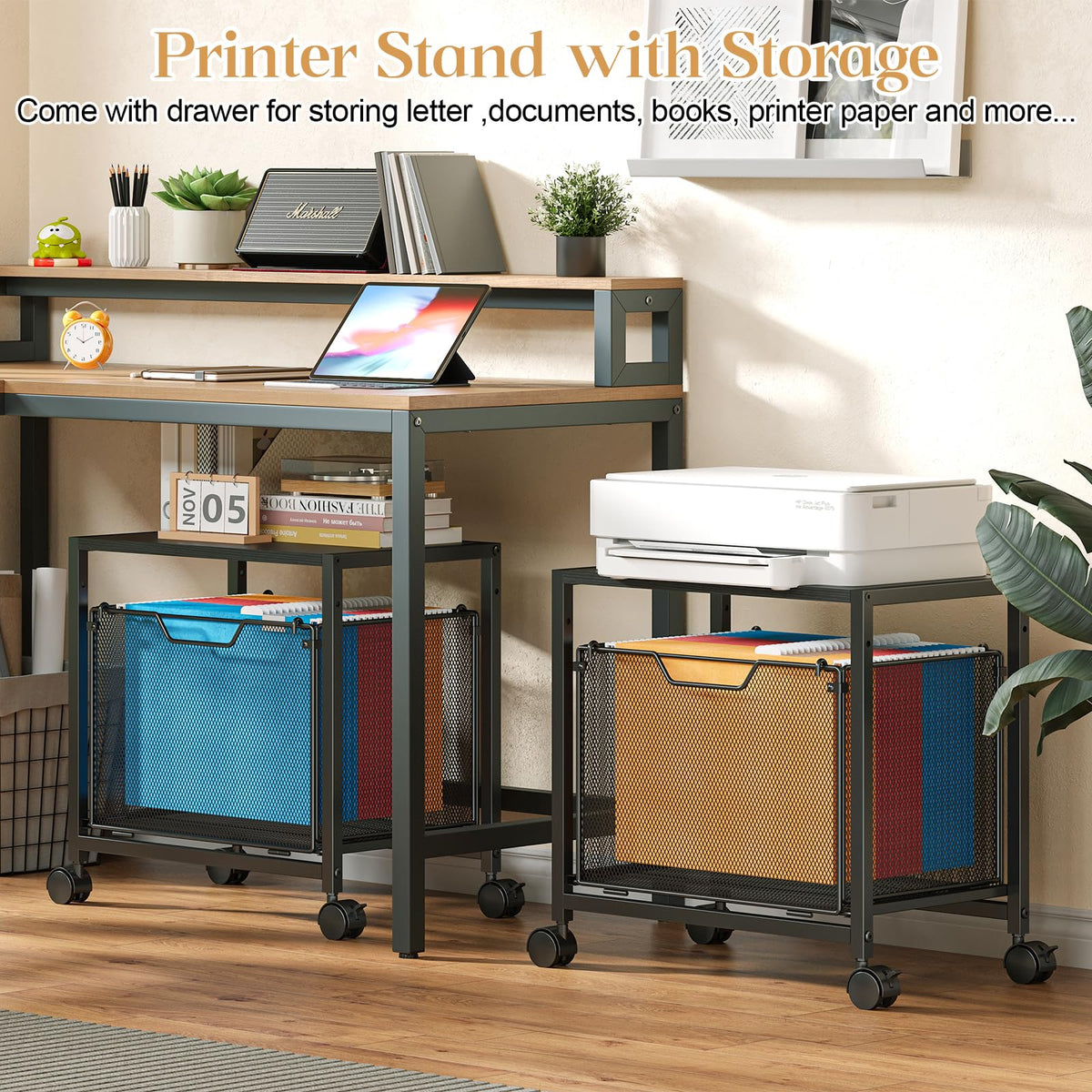 Black Rolling Printer Stand with Drawer M8697