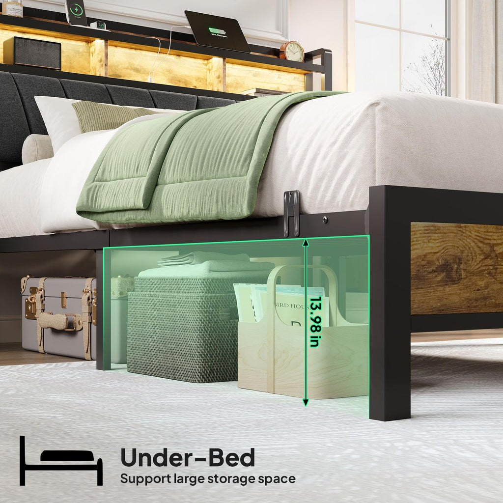 Full Bed Frame with LED Lights and Charging Station T590