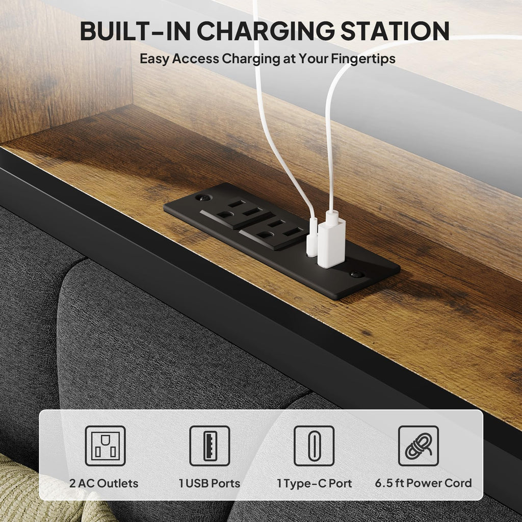 Full Bed Frame with LED Lights and Charging Station T590