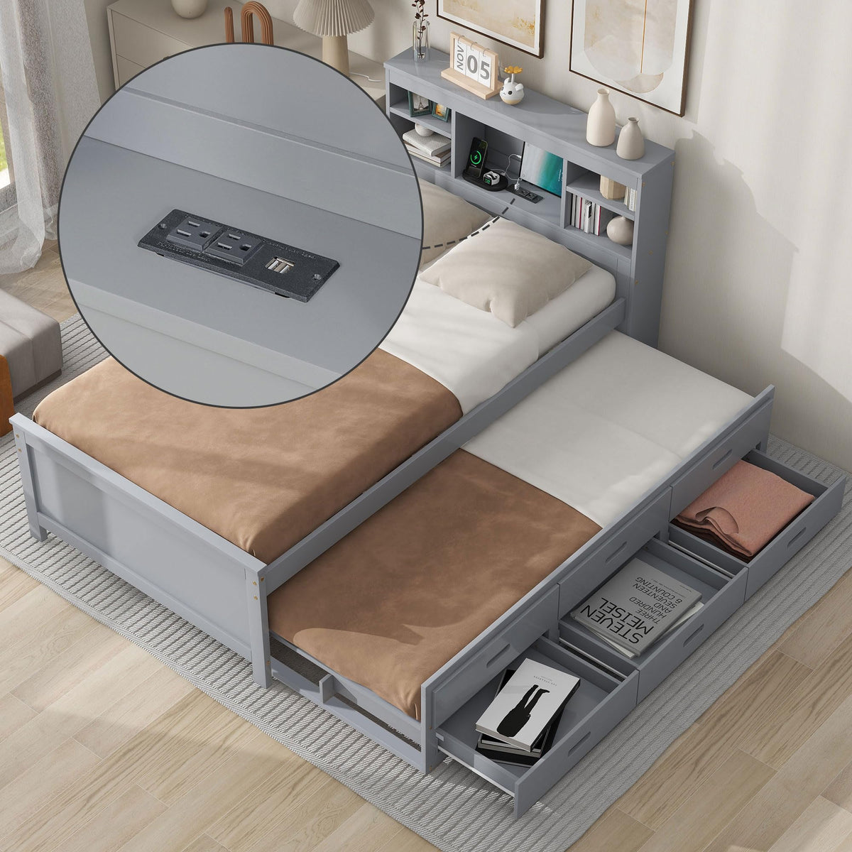 Twin Size Platform Bed with Storage Headboard, Trundle and 3 Drawers, Gray O2819