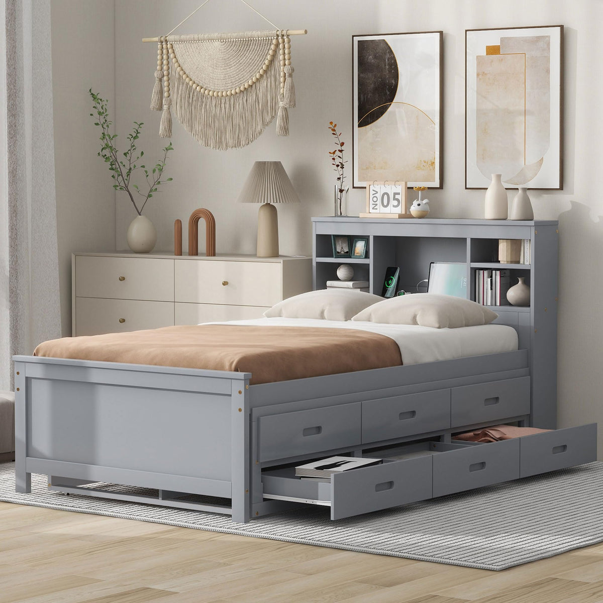 Twin Size Platform Bed with Storage Headboard, Trundle and 3 Drawers, Gray O2819