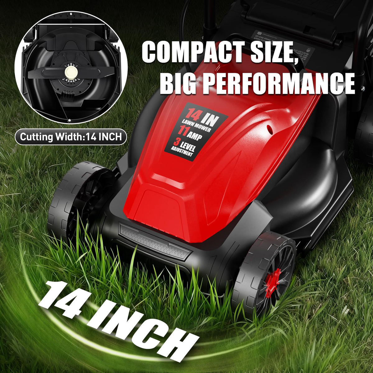 14" Corded Lawn Mower, 3-Height, 2-in-1 Mulch & Bag O113352