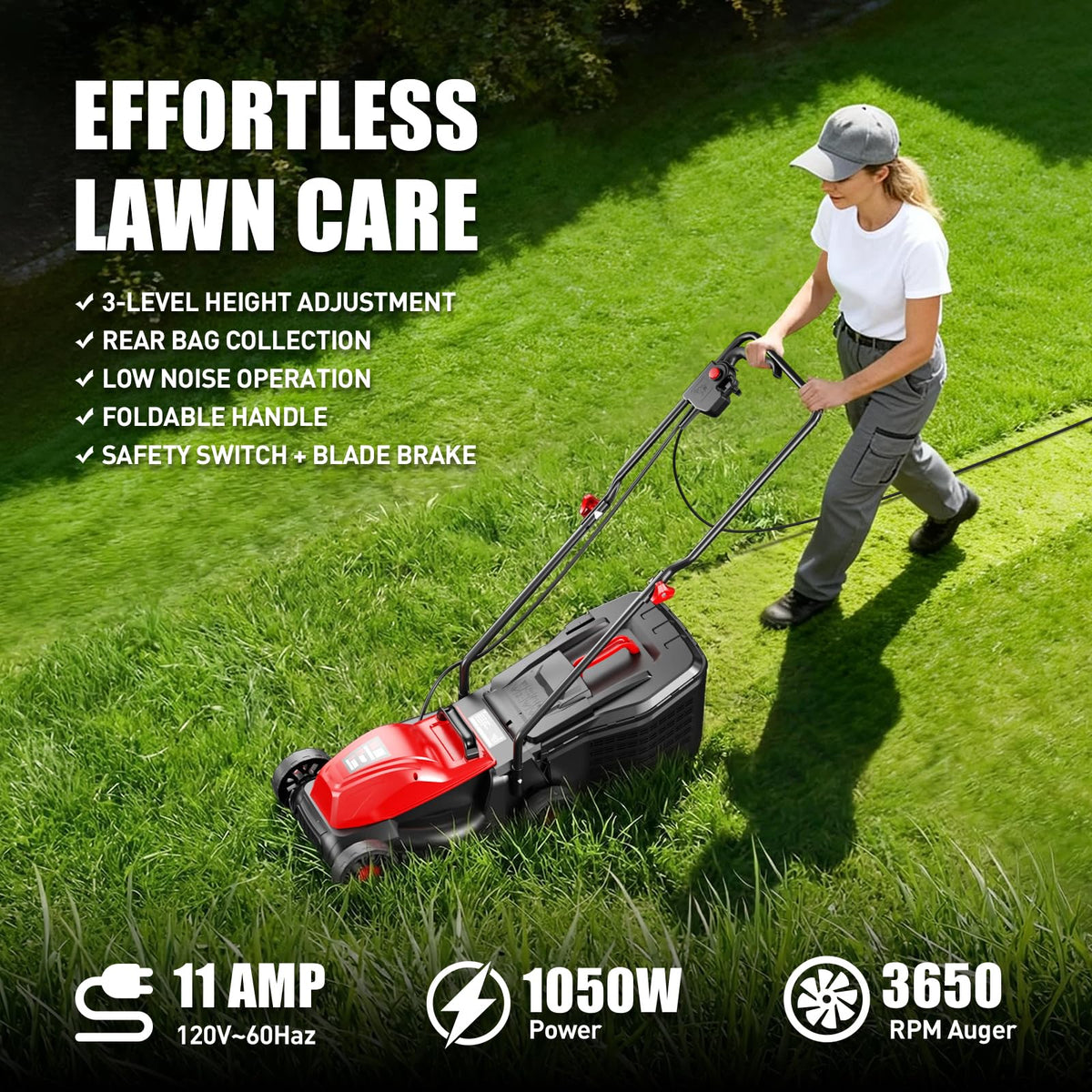 14" Corded Lawn Mower, 3-Height, 2-in-1 Mulch & Bag O113352
