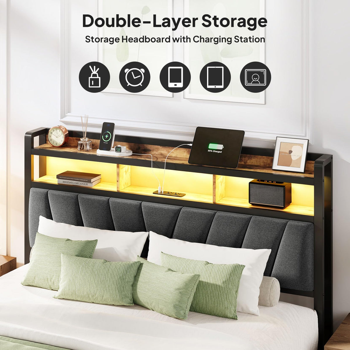 Full Bed Frame with LED Lights and Charging Station T590