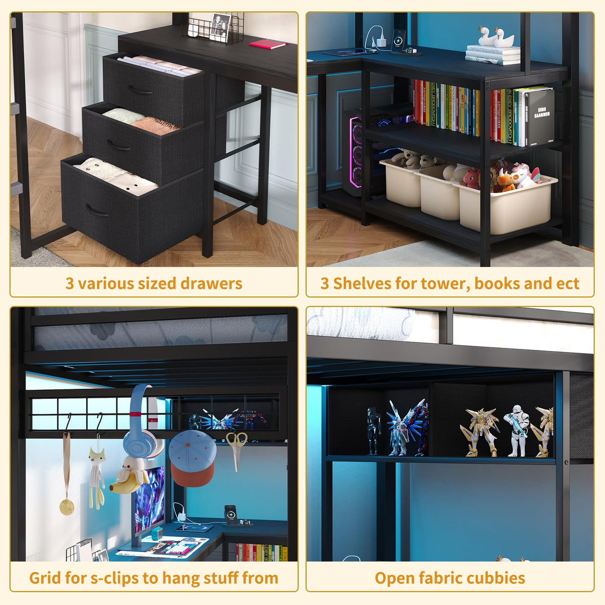 Twin Loft Bed with L-Shaped Desk and LED Lights I698111
