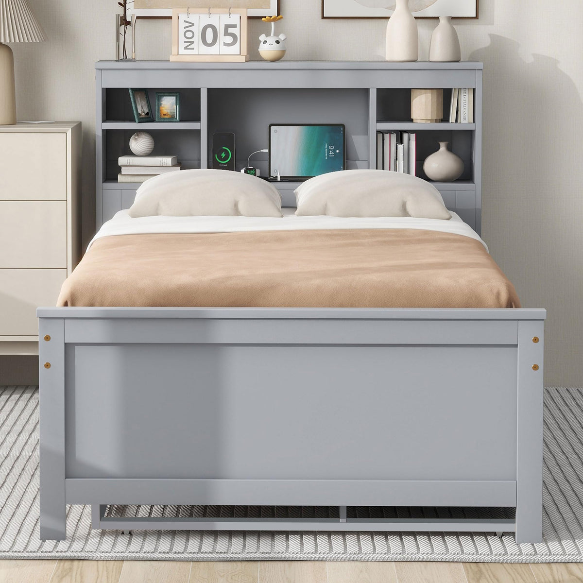 Twin Size Platform Bed with Storage Headboard, Trundle and 3 Drawers, Gray O2819