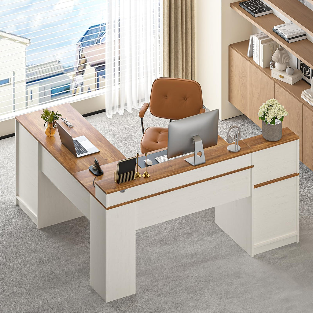63" L Shaped Desk with Drawers & Printer Shelf N22233