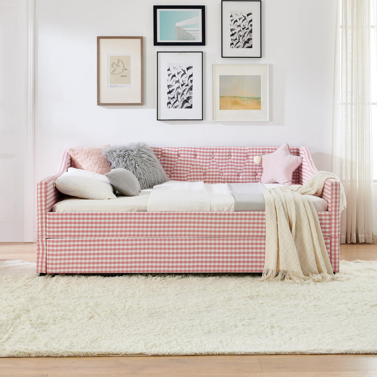 Full Size Upholstered Daybed with Trundle and Side Pocket Q160093