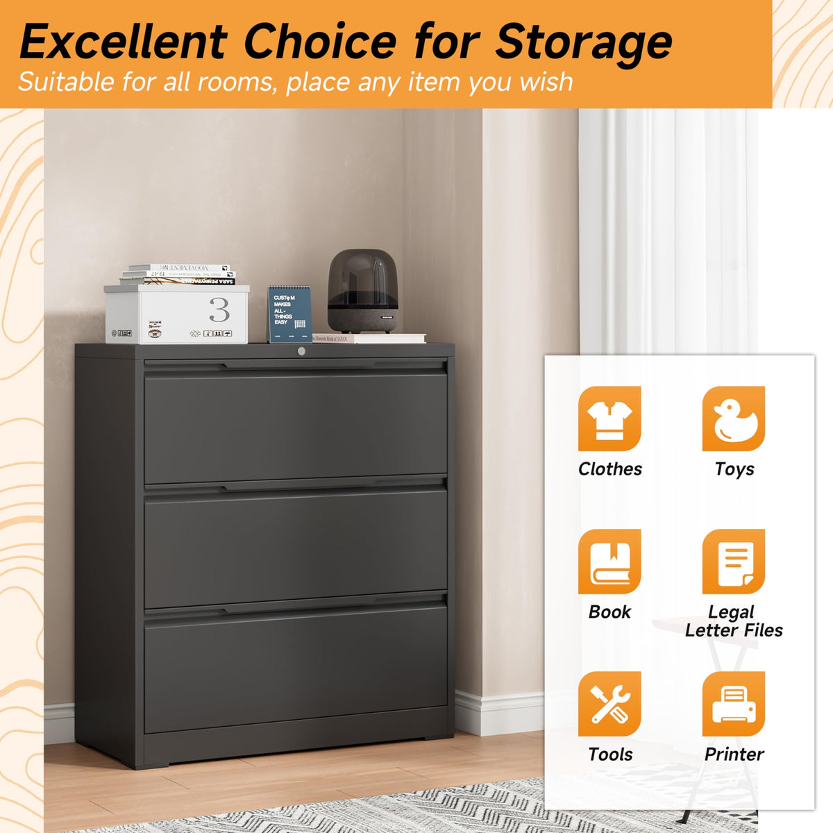 3 Drawer Metal File Cabinet with Lock T3092