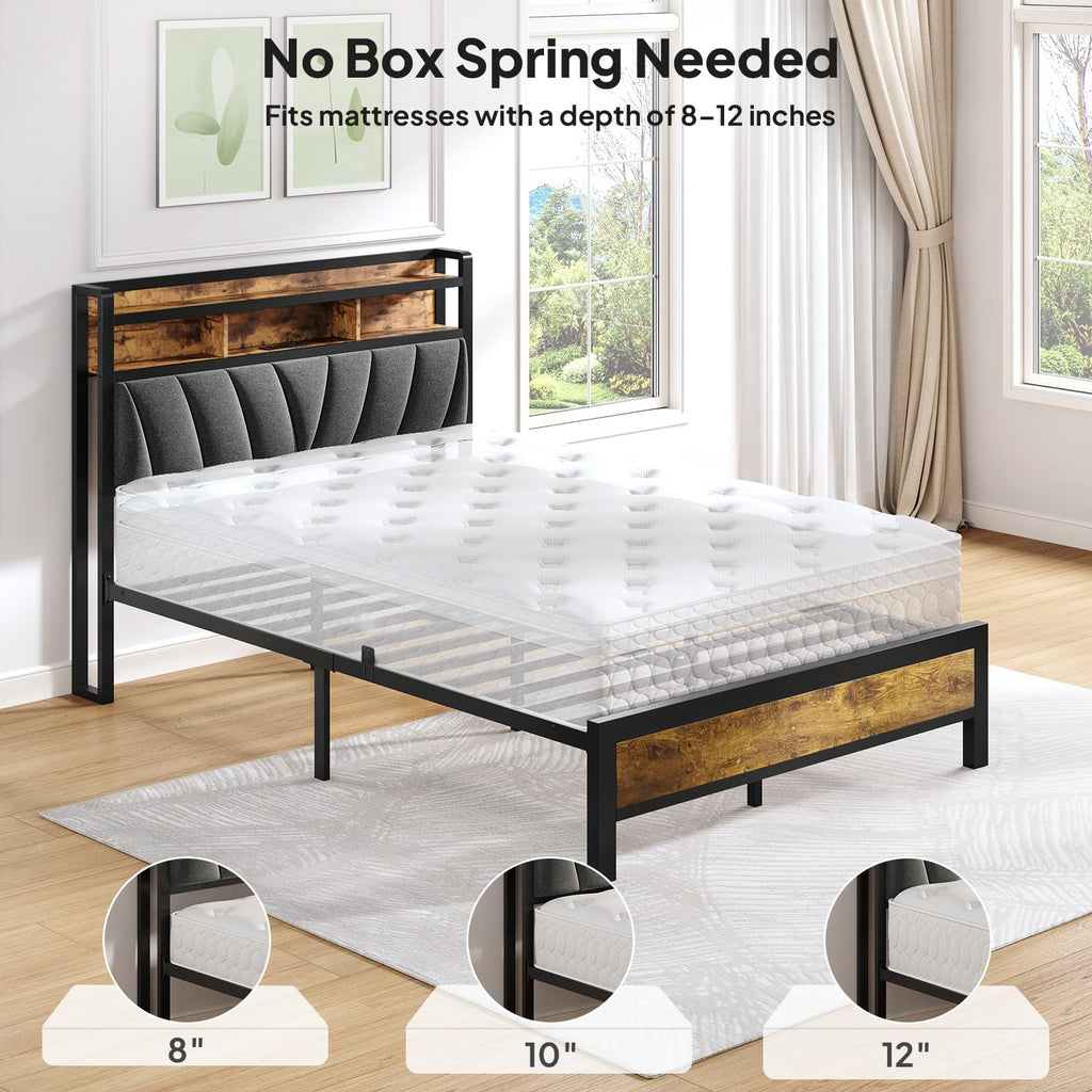 Full Bed Frame with LED Lights and Charging Station T590