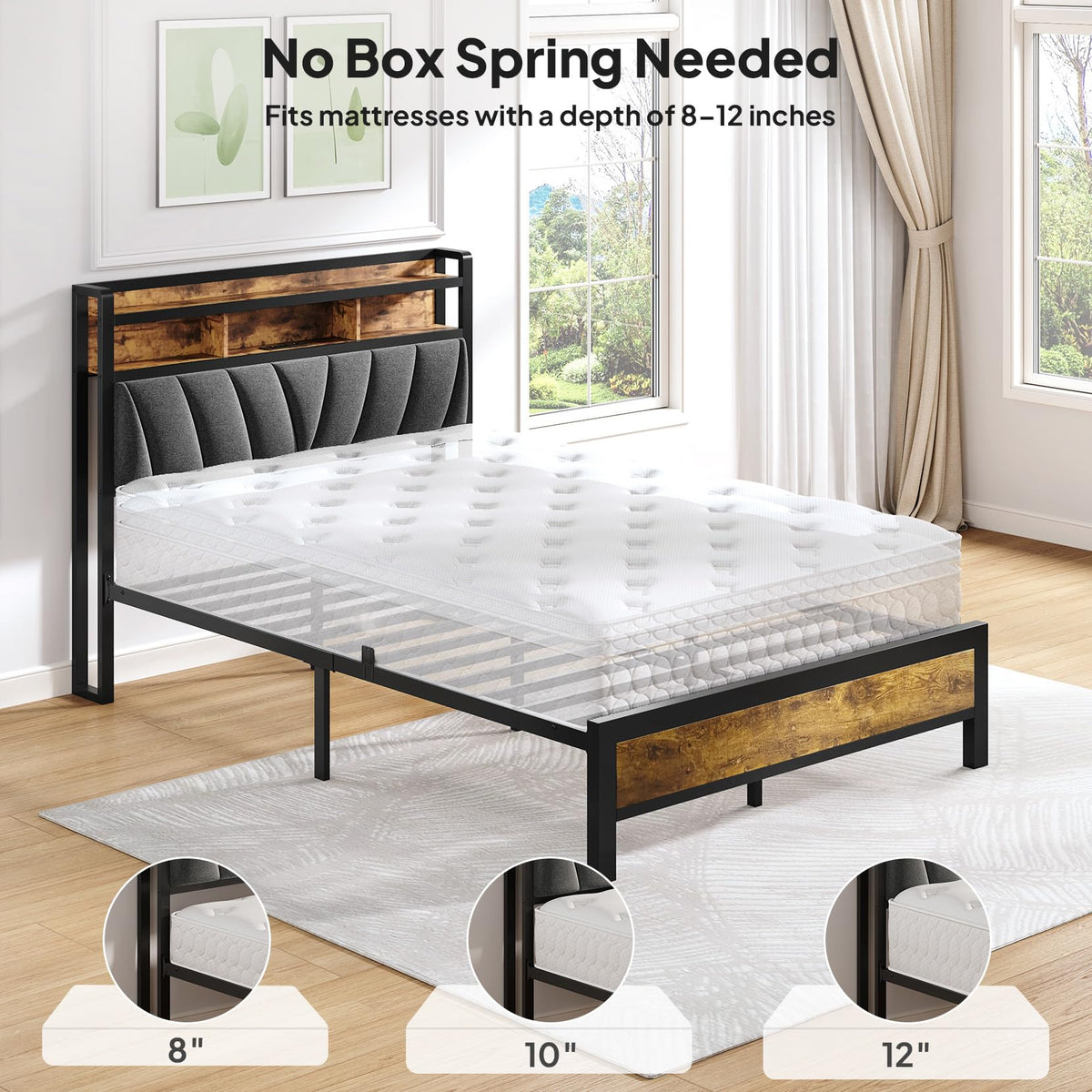 Full Bed Frame with LED Lights and Charging Station T590