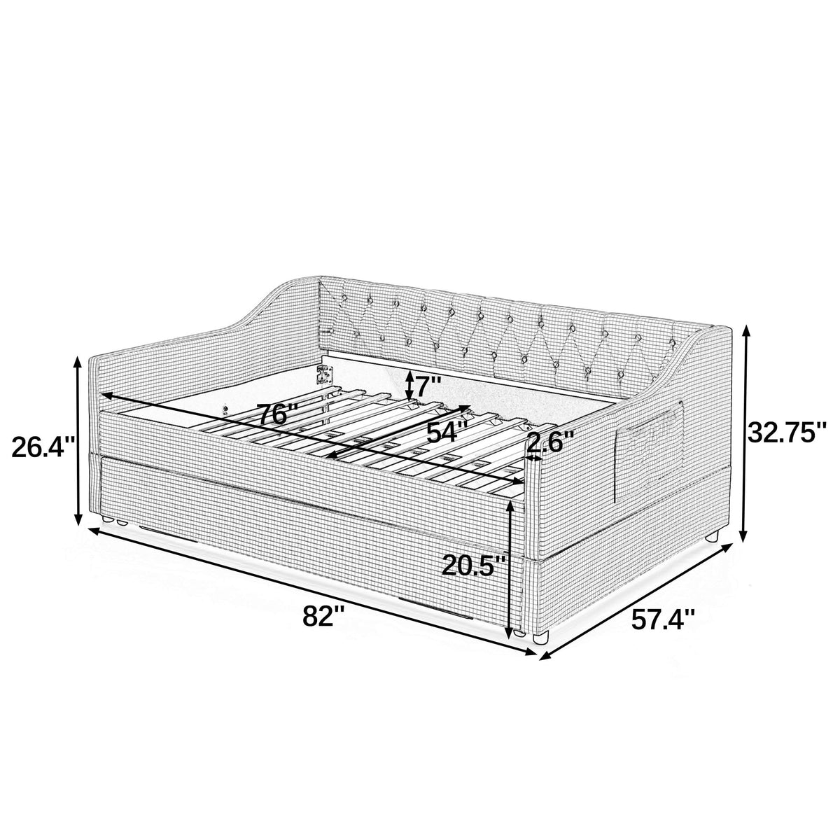Full Size Upholstered Daybed with Trundle and Side Pocket Q160093