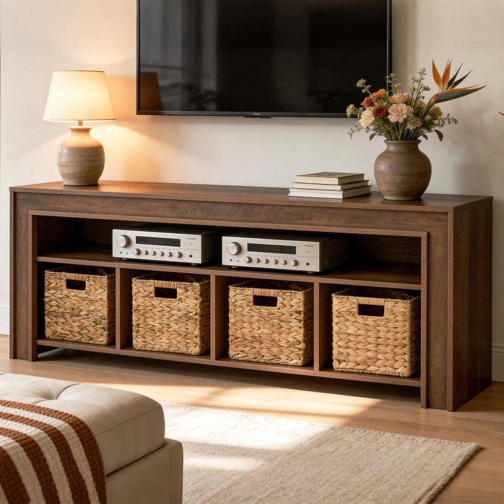 63" Wooden TV Stand with 4 Woven Baskets S11072