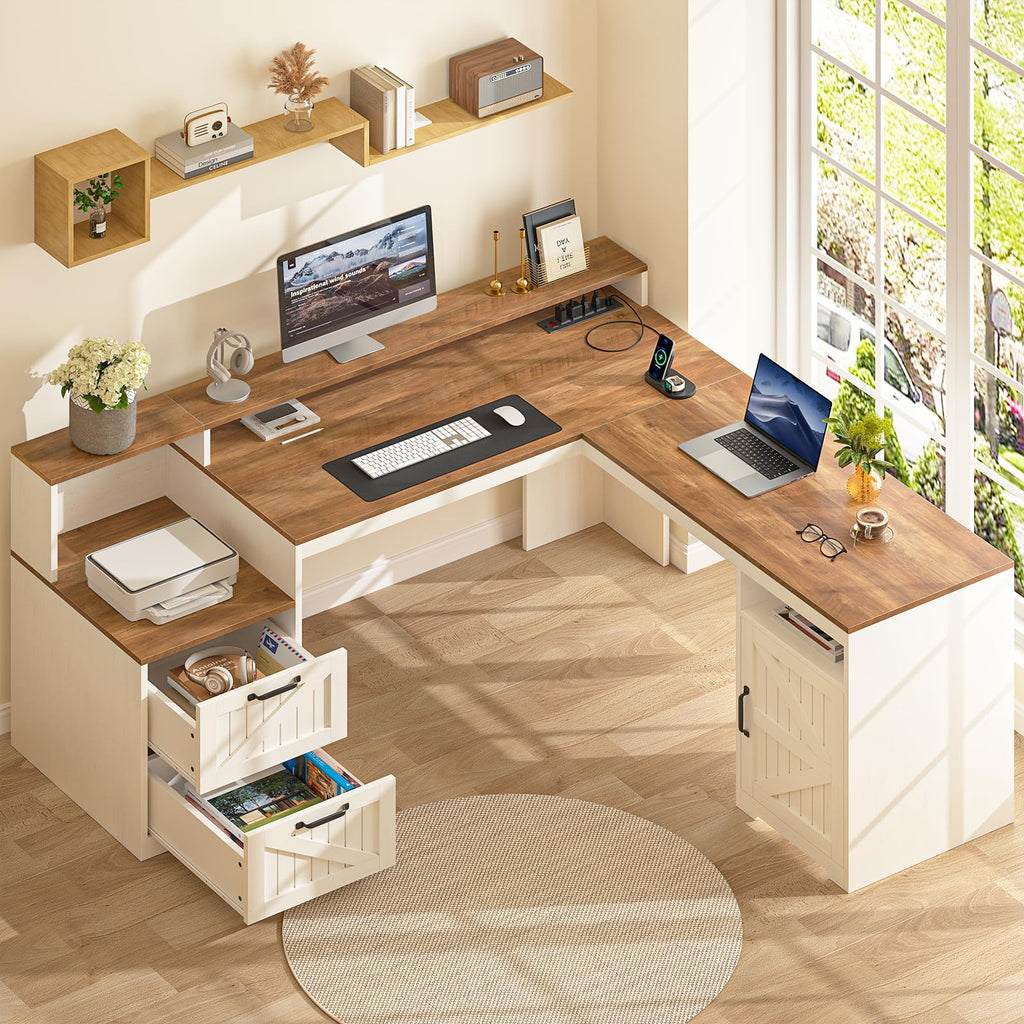 63" L Shaped Desk with Drawers & Printer Shelf N22233