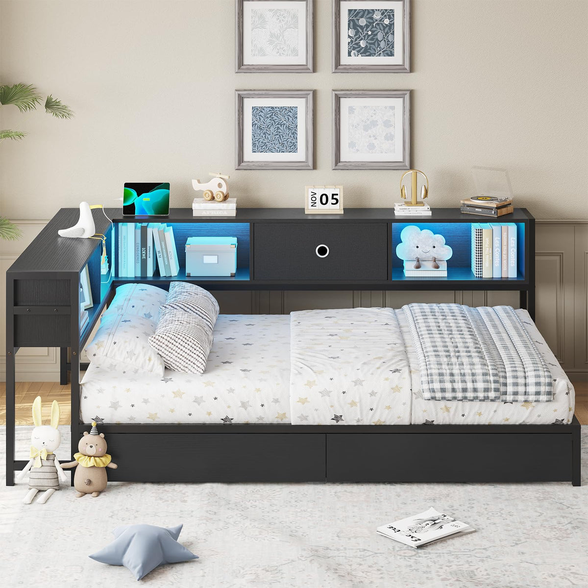 Black Twin Metal Platform Bed Frame with Storage Drawers E44911