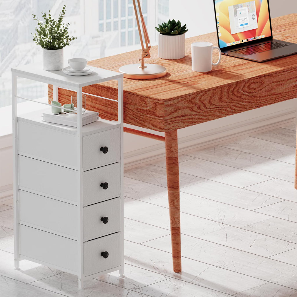 White Narrow Dresser with 4 Fabric Drawers V50991