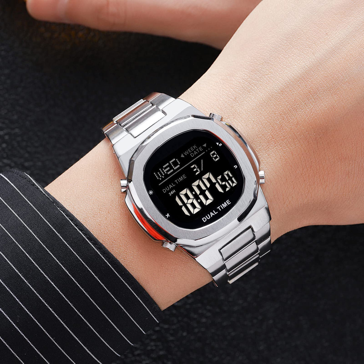 Men's Multifunctional Electronic Outdoor Sports Watch EL Light Large Digital Display Stainless Steel J10601