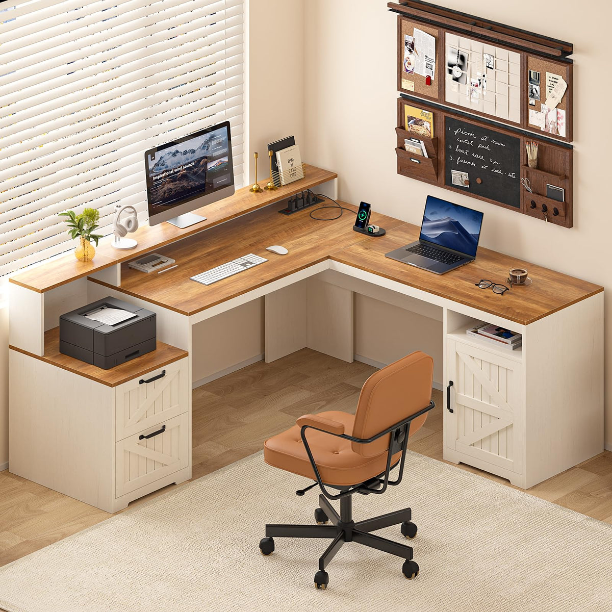 63" L Shaped Desk with Drawers & Printer Shelf N22233