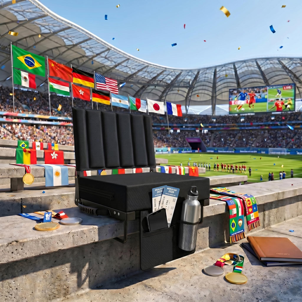 Black Padded Portable Folding Stadium Seat with Back Support and Cup Holder M40606