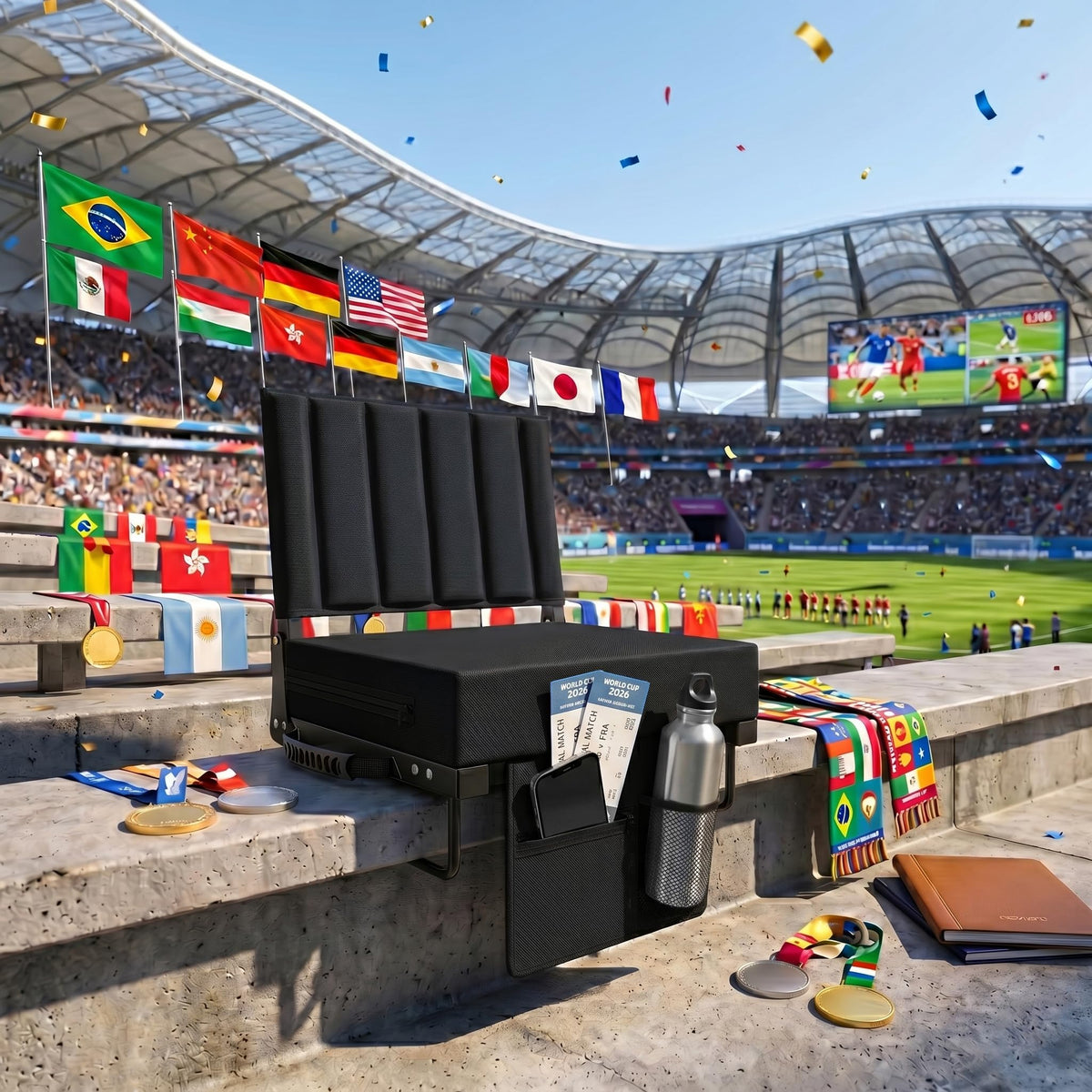 Black Padded Portable Folding Stadium Seat with Back Support and Cup Holder M40606
