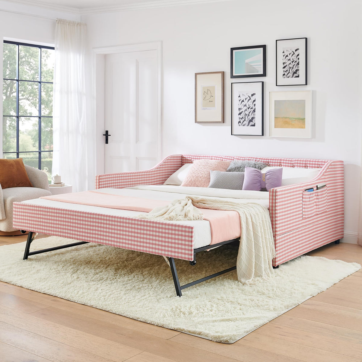 Full Size Upholstered Daybed with Trundle and Side Pocket Q160093