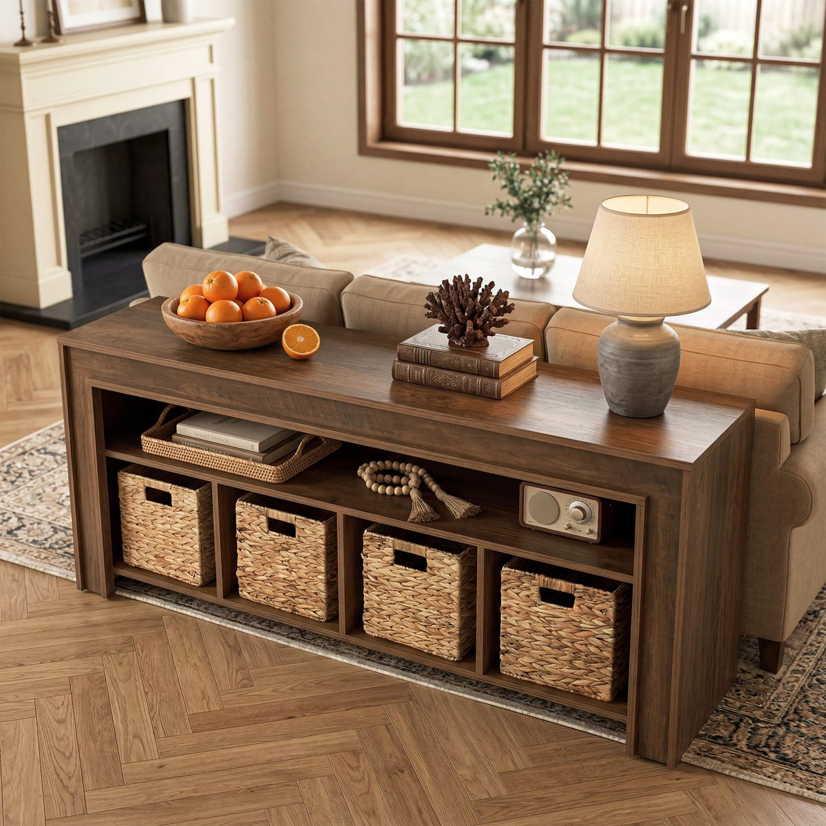 63" Wooden TV Stand with 4 Woven Baskets S11072
