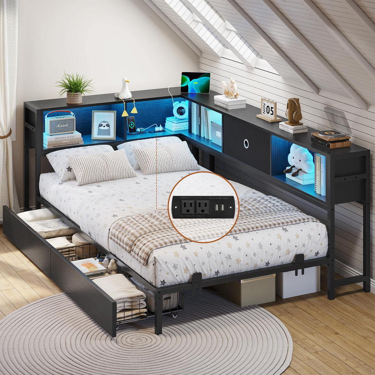 Black Twin Metal Platform Bed Frame with Storage Drawers E44911