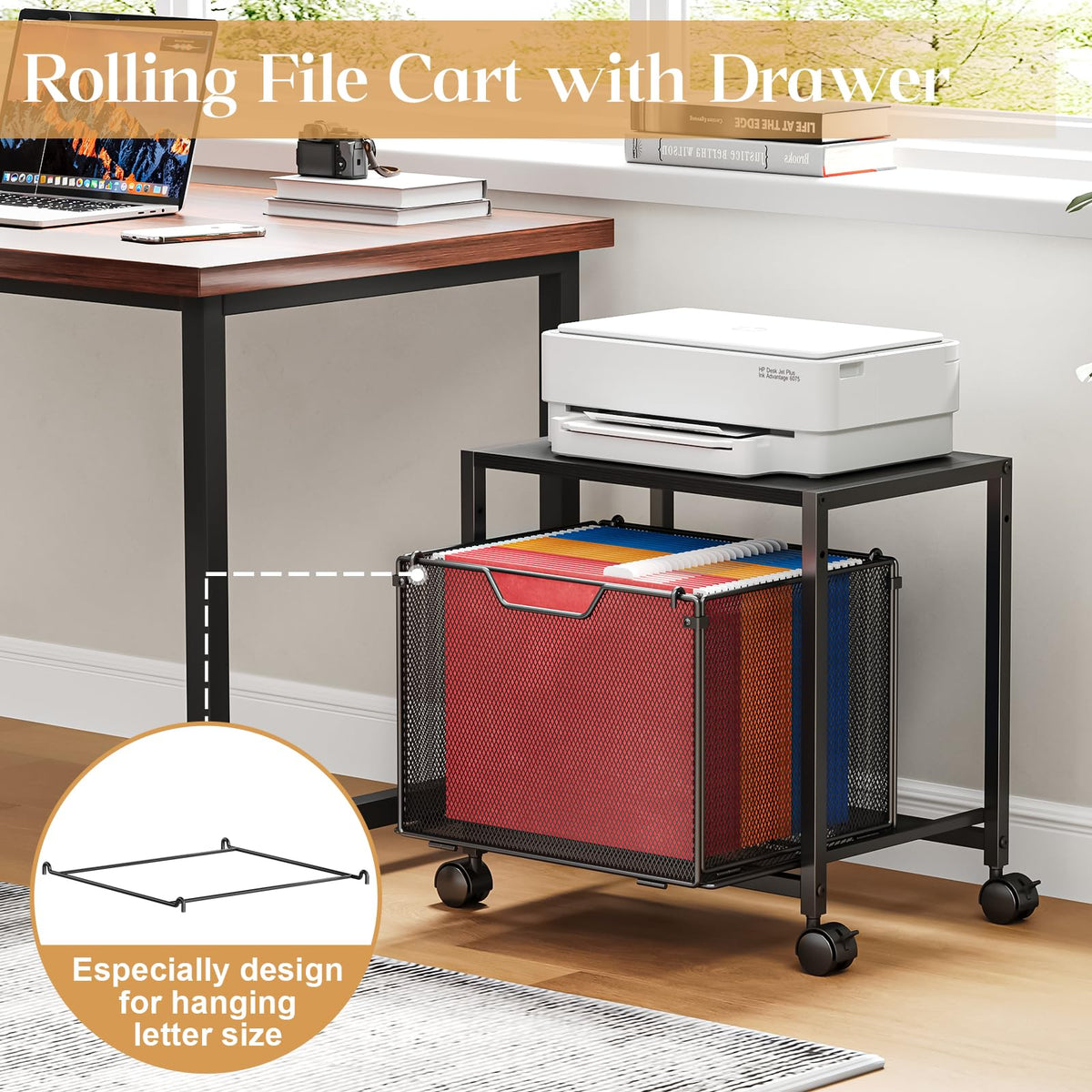 Black Rolling Printer Stand with Drawer M8697