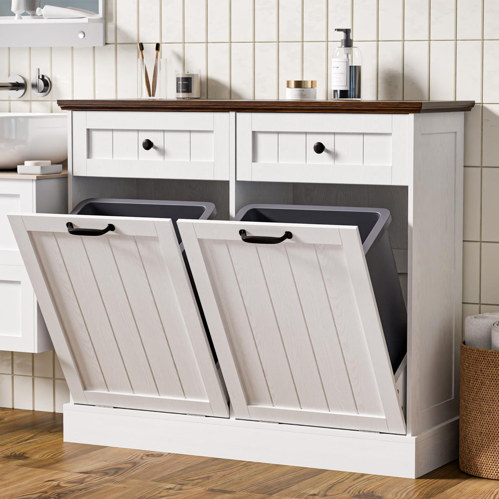 20 Gallons Tilt Out Trash Cabinet with Drawer, White K79451