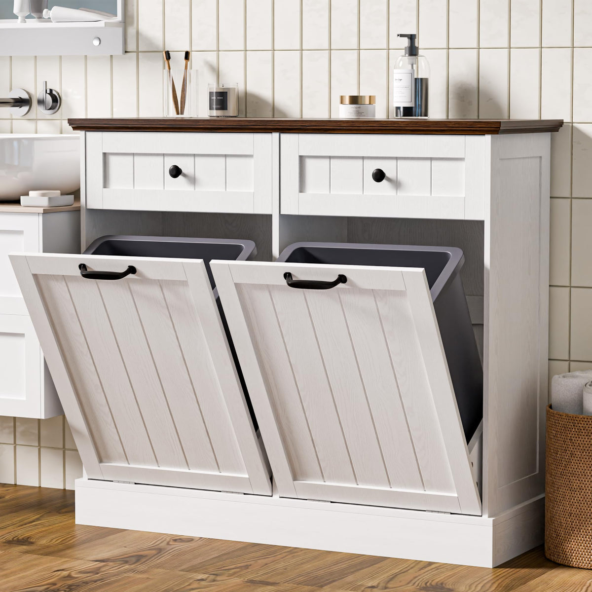20 Gallons Tilt Out Trash Cabinet with Drawer, White K79451
