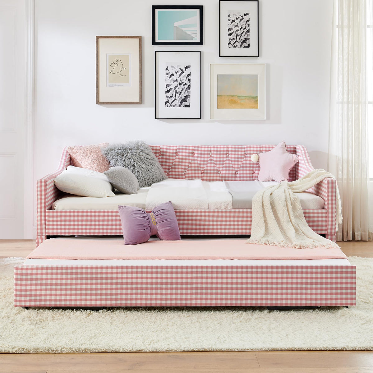 Full Size Upholstered Daybed with Trundle and Side Pocket Q160093