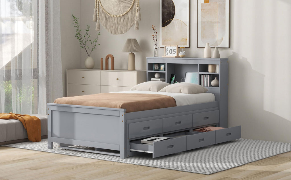 Twin Size Platform Bed with Storage Headboard, Trundle and 3 Drawers, Gray O2819
