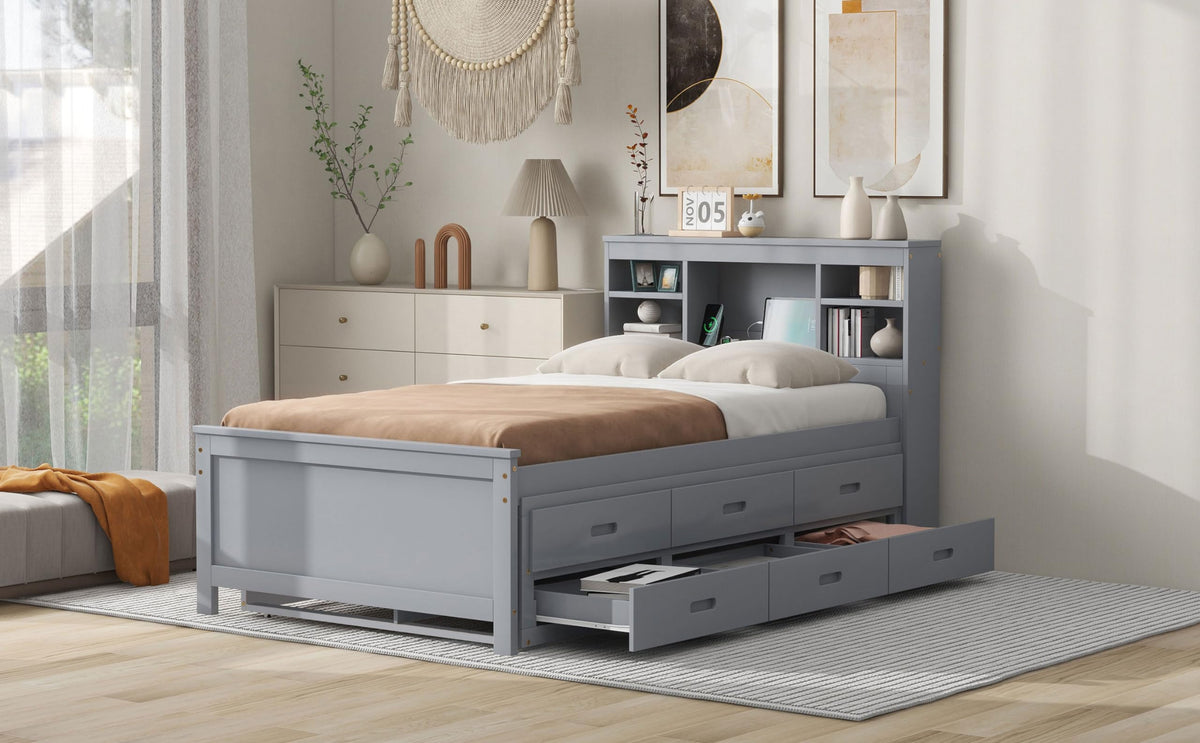 Twin Size Platform Bed with Storage Headboard, Trundle and 3 Drawers, Gray O2819