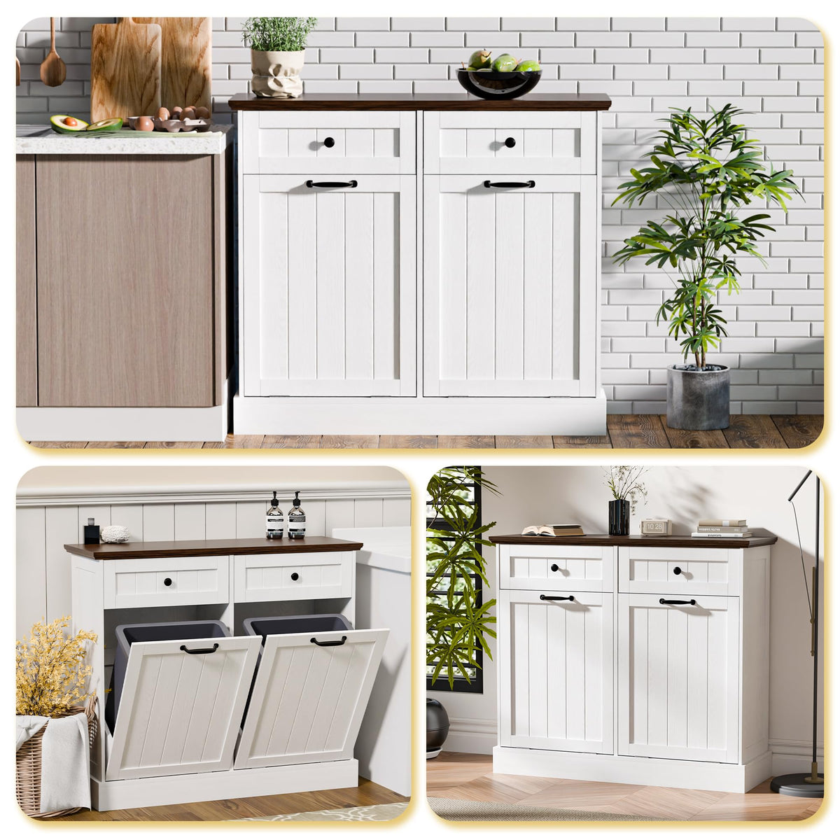 20 Gallons Tilt Out Trash Cabinet with Drawer, White K79451