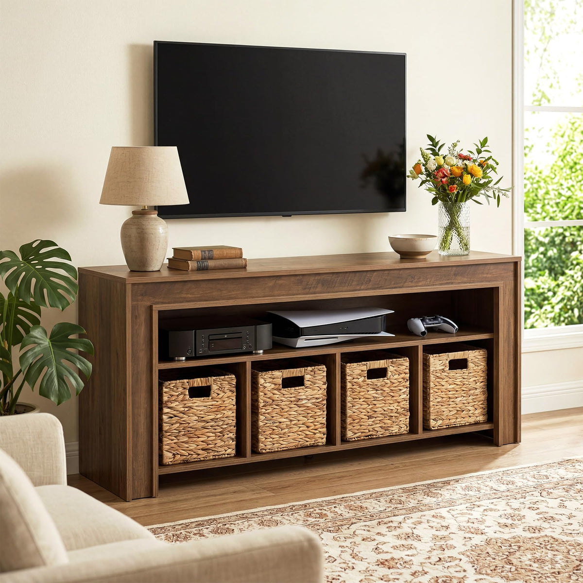 63" Wooden TV Stand with 4 Woven Baskets S11072
