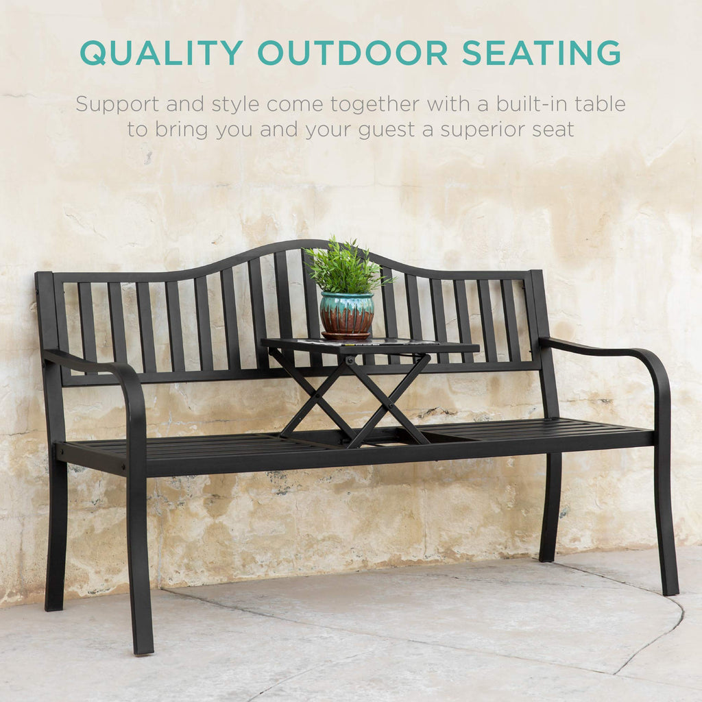 Black Steel Outdoor Garden Bench with Pullout Middle Table F43797