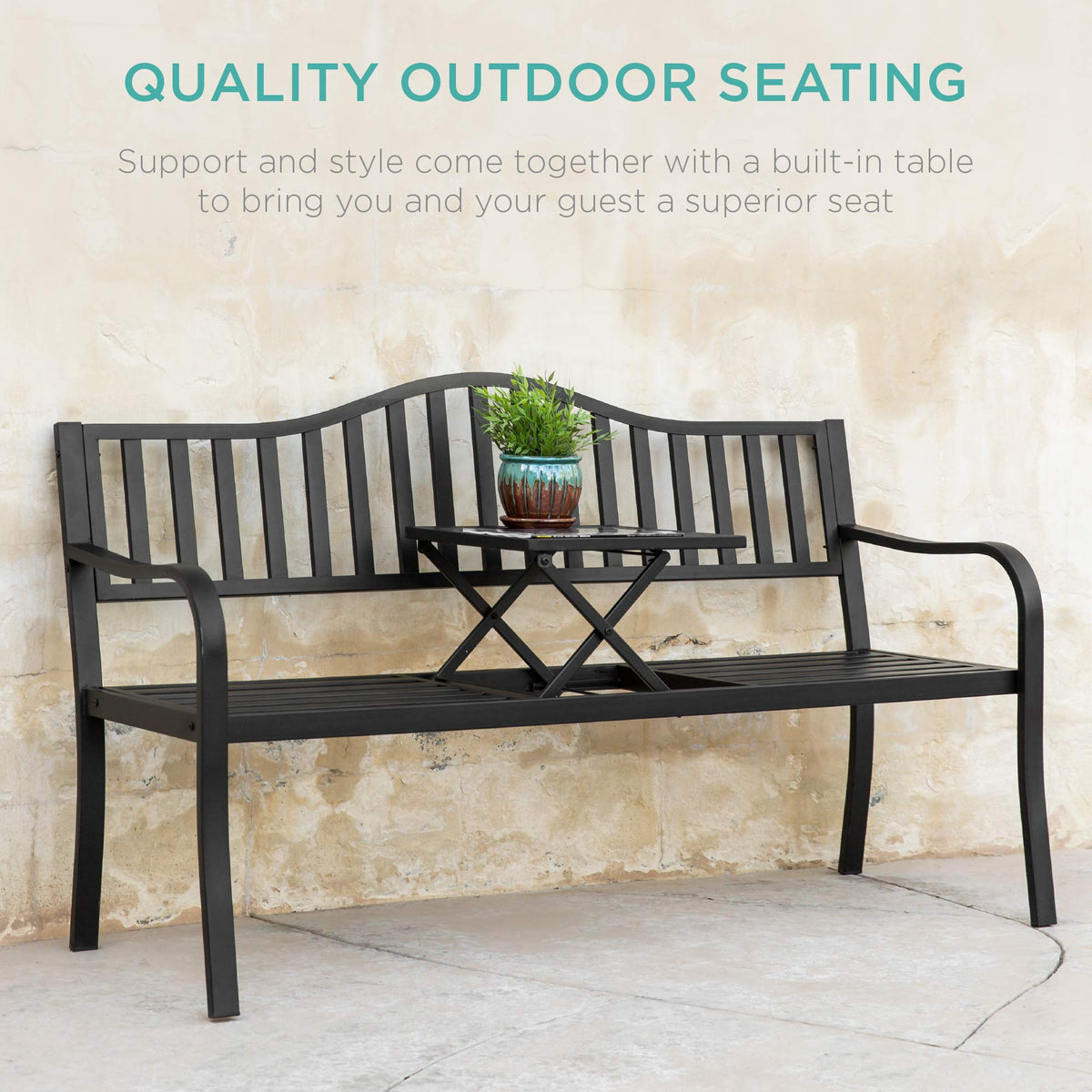 Black Steel Outdoor Garden Bench with Pullout Middle Table F43797