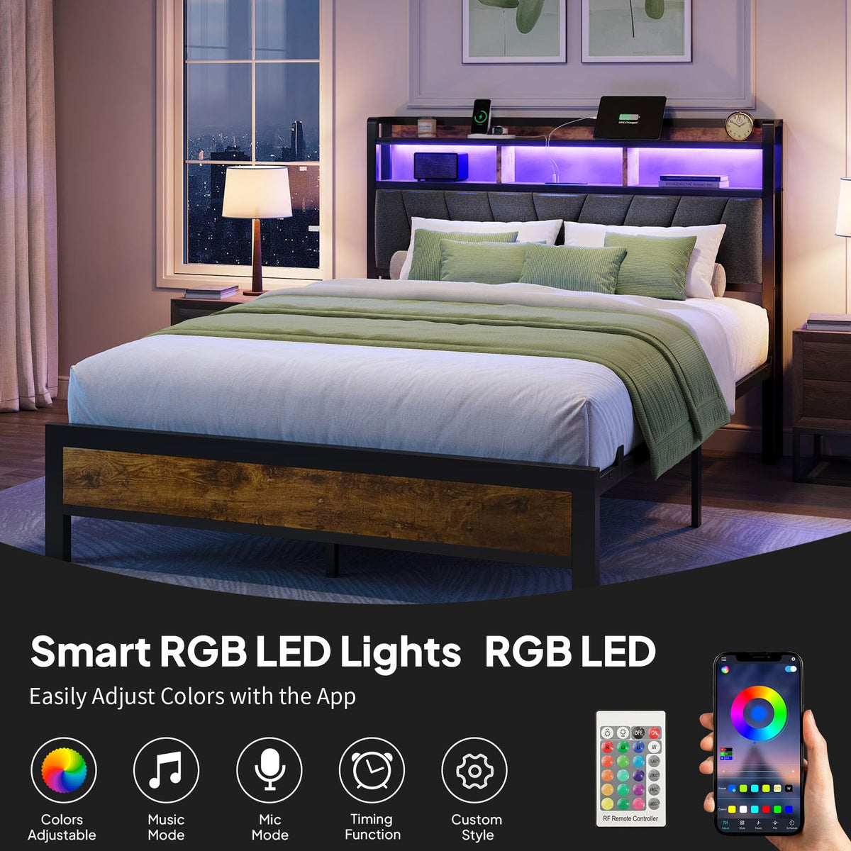 Full Bed Frame with LED Lights and Charging Station T590