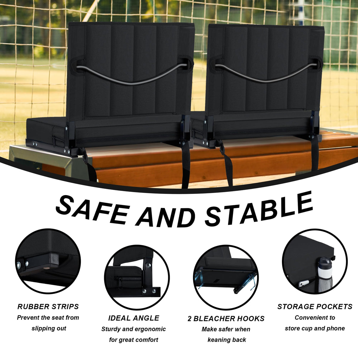 Black Padded Portable Folding Stadium Seat with Back Support and Cup Holder M40606
