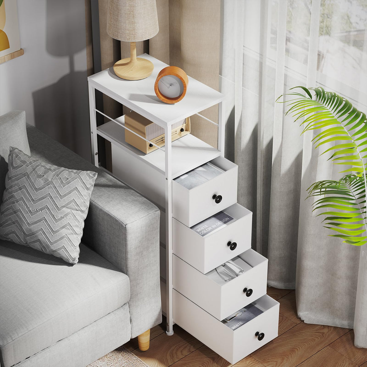 White Narrow Dresser with 4 Fabric Drawers V50991