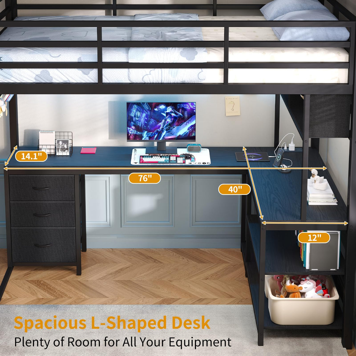 Twin Loft Bed with L-Shaped Desk and LED Lights I698111
