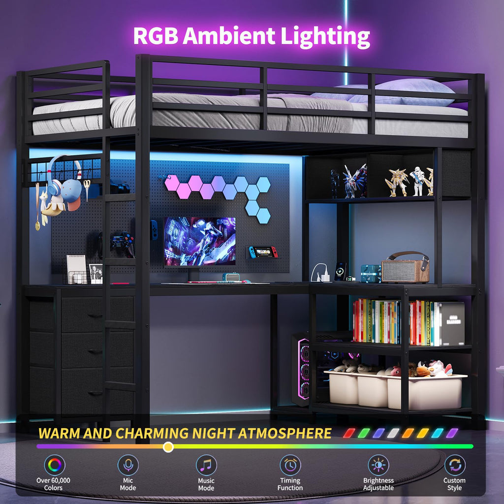Twin Loft Bed with L-Shaped Desk and LED Lights I698111