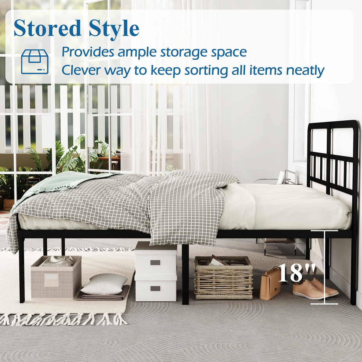 18 Inch Metal Queen Bed Frame with Headboard K459