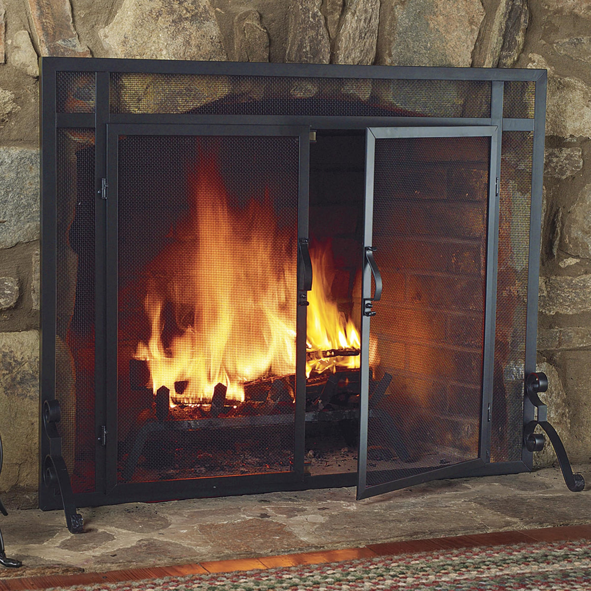 Black Metal Fireplace Screen with Hinged Doors S8438