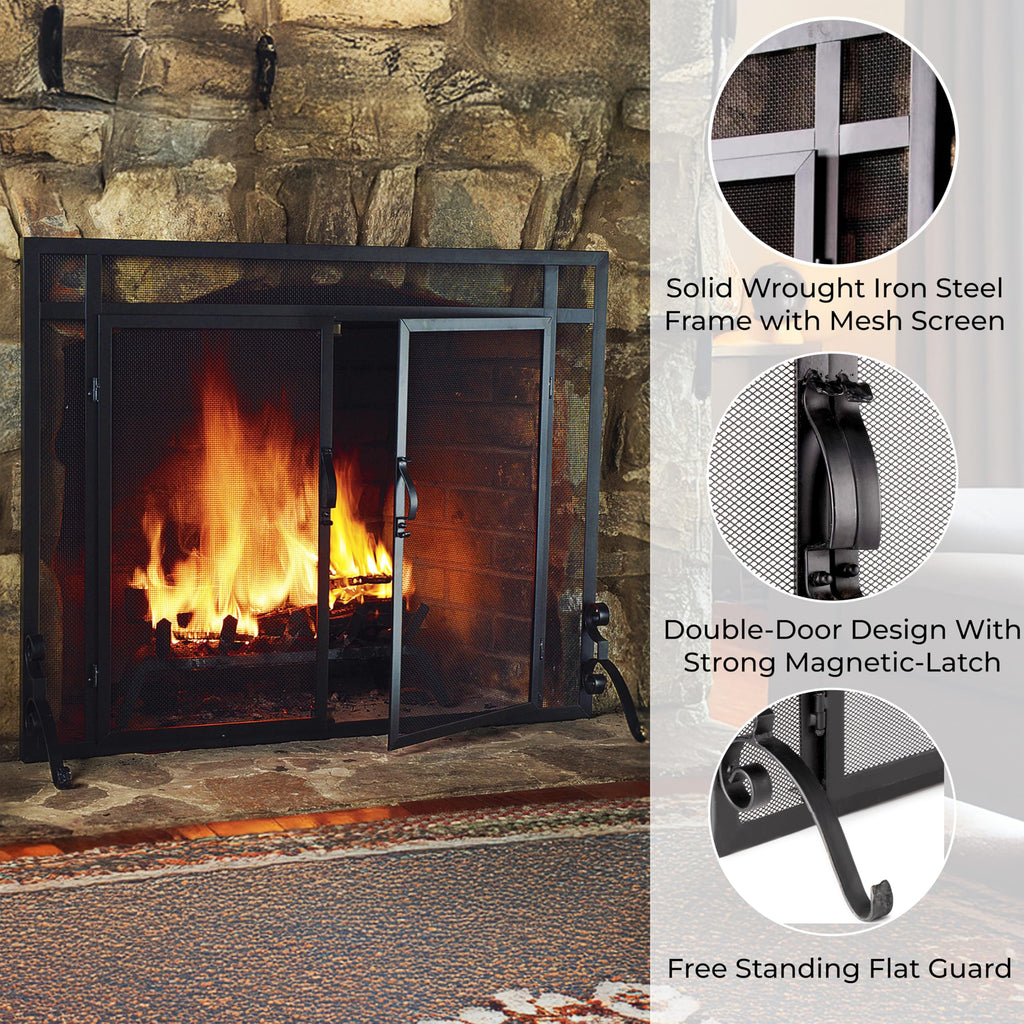 Black Metal Fireplace Screen with Hinged Doors S8438