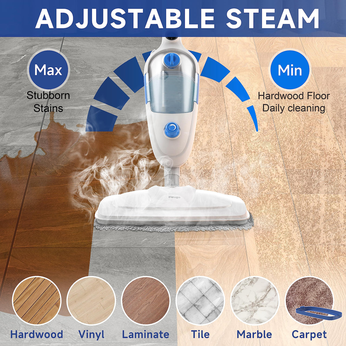 Lightweight Steam Mop with Adjustable Steam Modes, 23ft Cord, 2 Washable Pads L43958