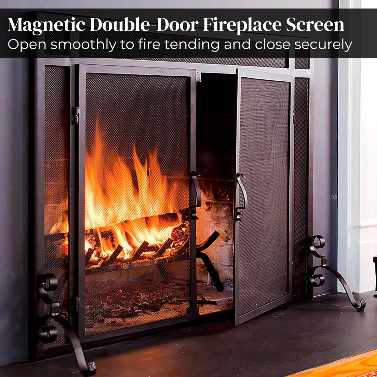 Black Metal Fireplace Screen with Hinged Doors S8438